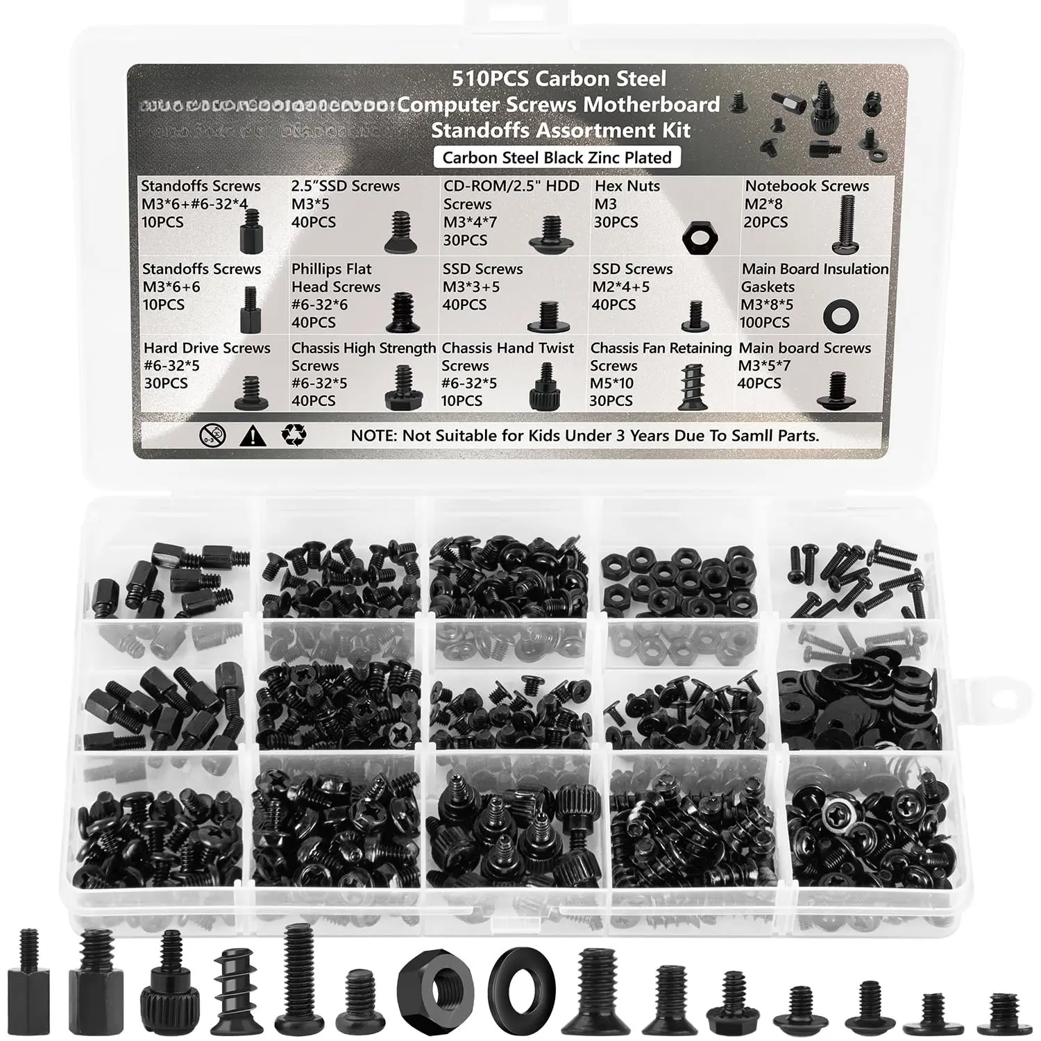 510 count  Screws Assortment Kit, Carbon Steel Black Zinc Plated Motherboard Standoffs Screws PC Screws for HDD, SSD Hard Drive Fan, Power , Graphics, Laptop, PC ATX Case for DIY & Repair