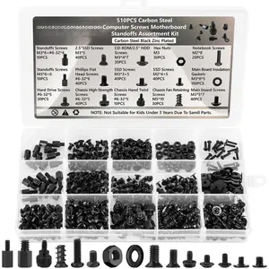 510 count  Screws Assortment Kit, Carbon Steel Black Zinc Plated Motherboard Standoffs Screws PC Screws for HDD, SSD Hard Drive Fan, Power , Graphics, Laptop, PC ATX Case for DIY & Repair