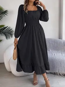 Women's Plain Ruched Ruffle Hem Shirred A Line Dress, Summer Outfits 2024, Boho Elegant Bishop Sleeve Square Neck Long Dress for Spring & Fall, Ladies Clothes for Daily Vacation Outdoor