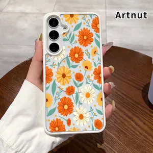 Orange Yellow Floral Pattern Magnetic Phone Case Compatible with Samsung Galaxy S23 Ultra S24 Plus S25 S22+ FE Anti-Yellowing Shockproof Lightweight Transparent Acrylic Soft Cover Supports Wireless Charging.
