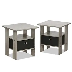 ANDREY Side Table Set of 2 in French Oak offers 2-tier storage, storage bin, open shelf in a versatile design for bedrooms, living rooms, and small spaces