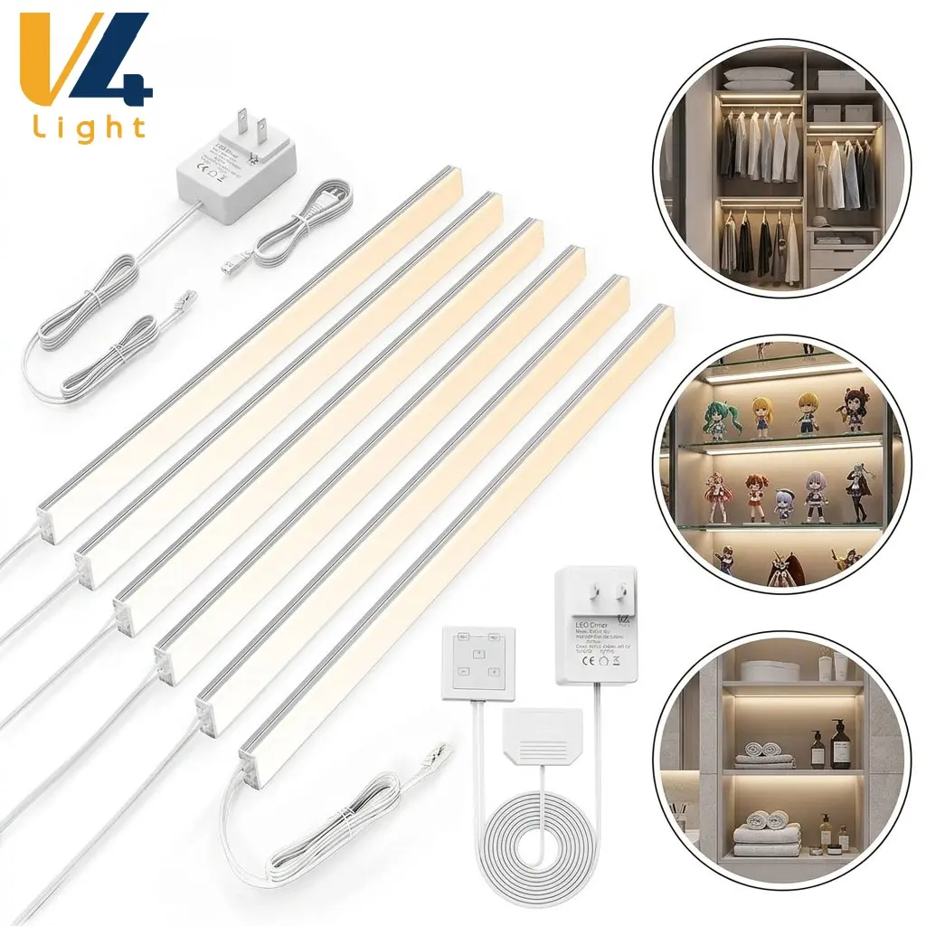 V4light 6-Pack Ultra Slim Aluminum Under-Cabinet LED Light Bars, Plug-in with Touch Dimmer, Linkable 2700K-6500K Adjustable for Kitchen, Closet