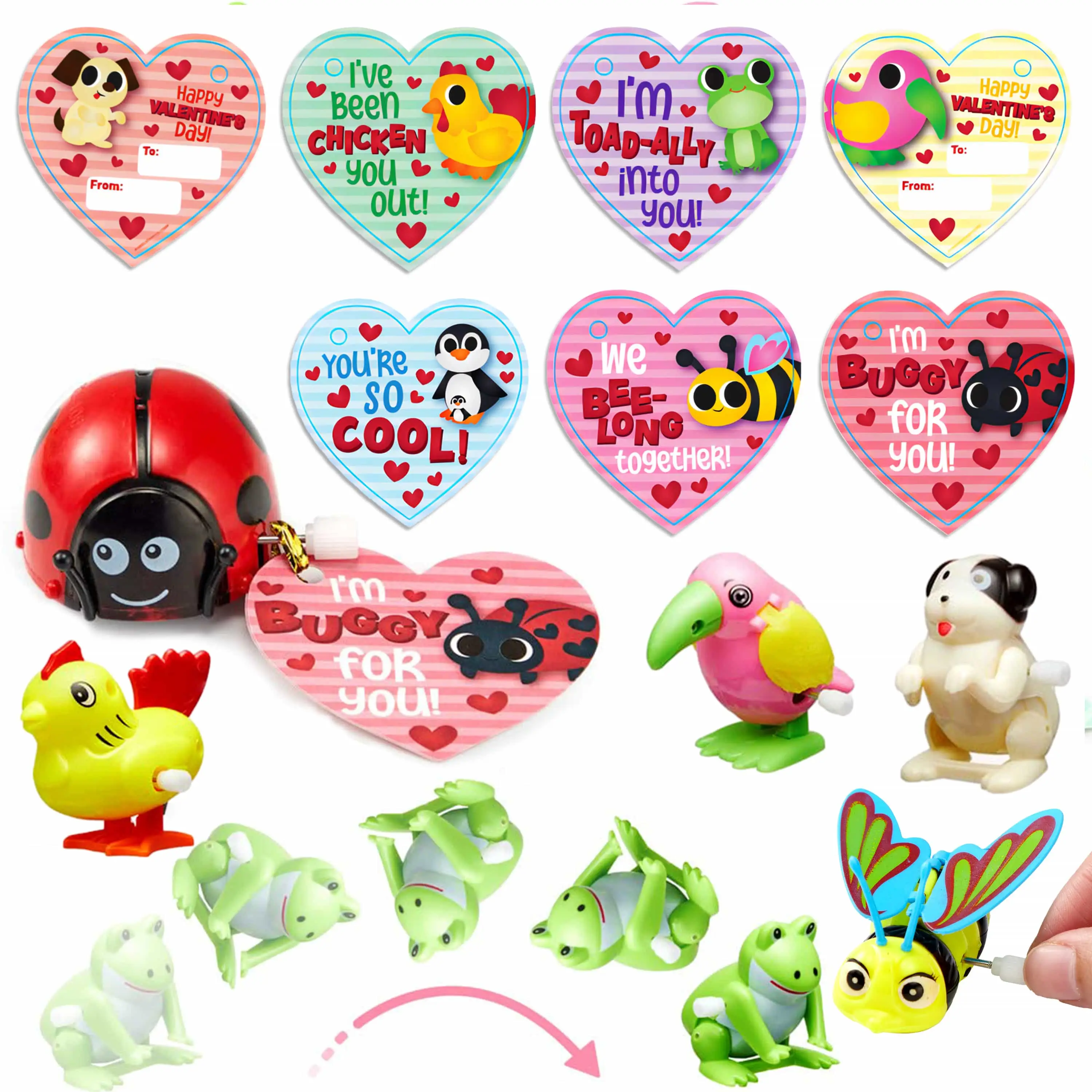28Pcs Wind Up Toy with Kids Valentines Cards for Valentine Party Favors Classroom Exchange Gifts 2025 Valentine Exchange Cards Kids Outdoor Play