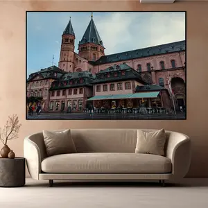 Heidelberg Cathedral Canvas Print German Gothic Architecture Wall Art Historic European Landmark Poster with Vintage Street Cafe Scene for Living Room Office Cozy Home Decor