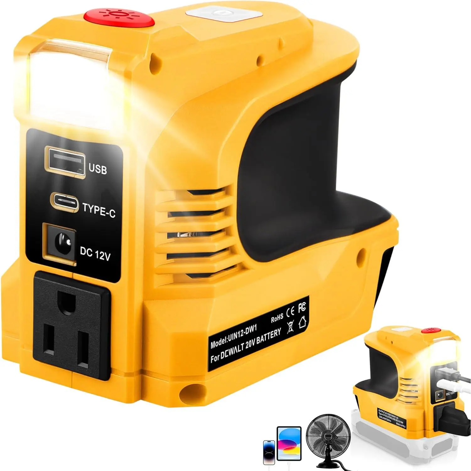 220W Power Inverter for  20V , Portable Power  Convert - DC 20V to 110V~120V   Outlet with USB-B & USB-C & 12V DC & 220W AC Output with LED Light