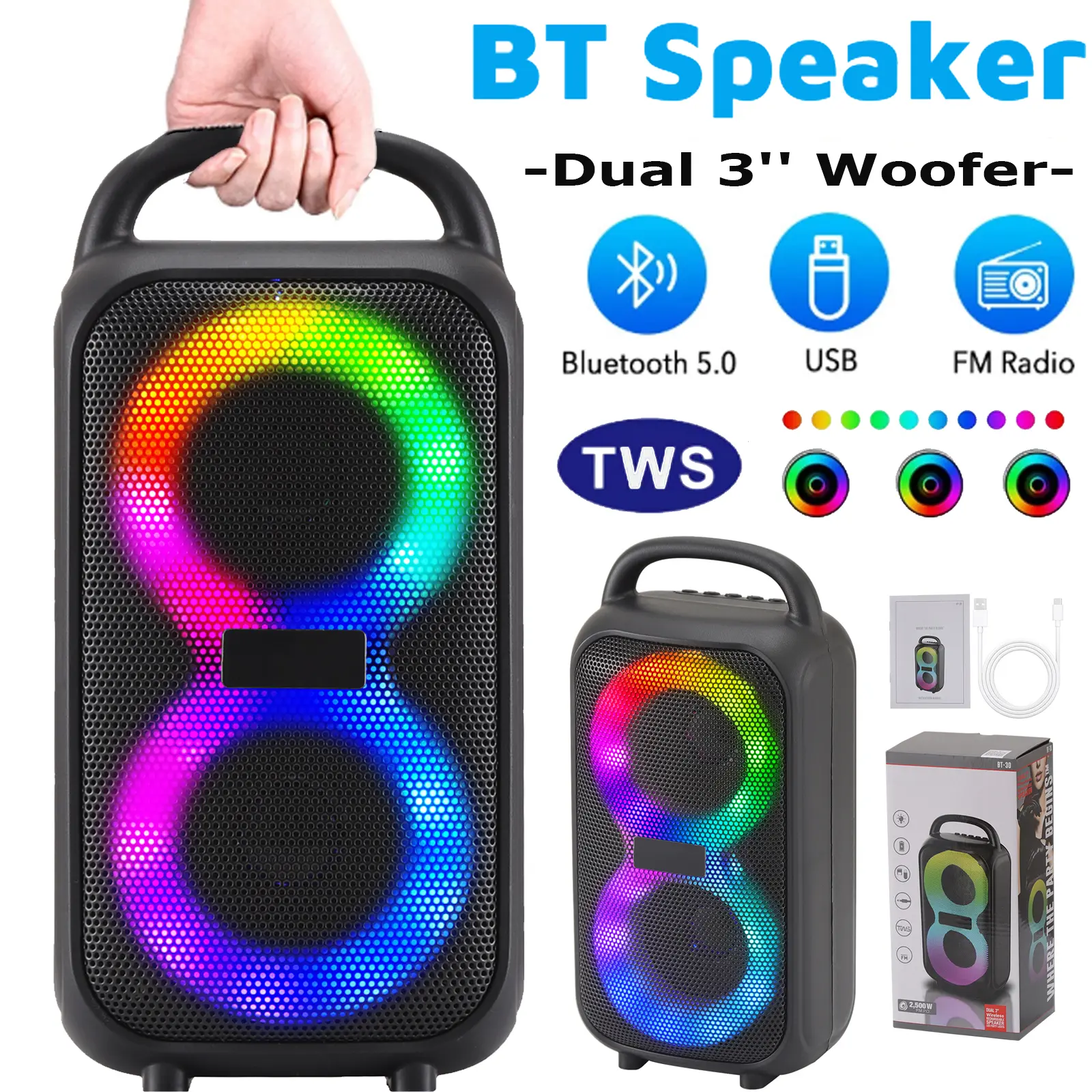 Portable Bluetooth Speaker  Dual 3'' Subwoofer Heavy Bass Stereo Sound System Party USB FM TF TWS LED Light for Outdoor, Party, Camping