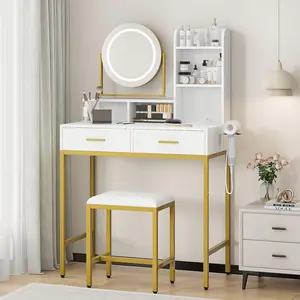Elegant Vanity Desk with 360° Rotating Mirror, 3 Color Modes, 2 Drawers, 5 Shelves, Power Outlet, USB Ports, Hairdryer Holder, White & Gold Finish for Bedroom