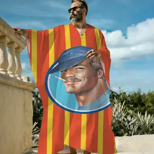 Tom of Finland High Contrast Print V-Neck Pullover Kaftan, Dramatic Black White Graphic Long Sleeve Closed Front Robe, Artist Archive Resort Sleep Shirt