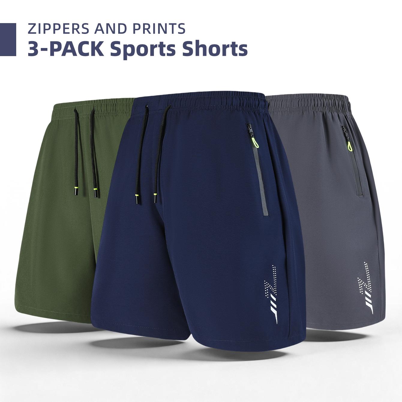 Men's 3-Pack Zipper Pocket Sports Shorts, with Reflective Prints, Drawstring Elasticated Waist, Zipper Side Pockets, Casual Shorts for Both Sports and Daily Wear