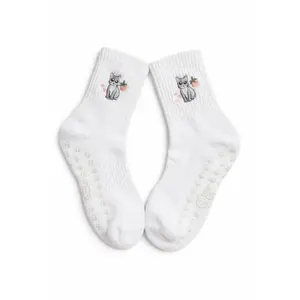 Kitten Core Embroidered Grip Socks for Women Soft Sweet Playful Charm with Strawberry Detail for Pilates Barre and Home Lounging - Womenswear