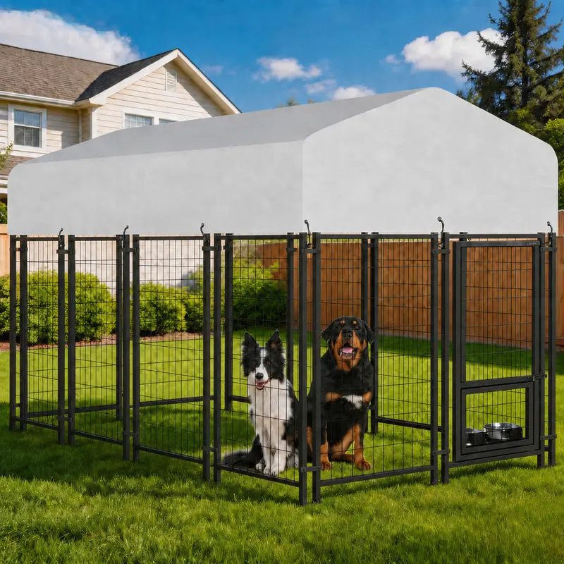 Oranland 8x4x5FT Dog Kennel Outdoor, Heavy Duty Outside Dog Kennel with Secure Lock,Anti-Rust Outdoor Dog Kennel Dog Run Enclosure with UV-Resistant Waterproof Roof & 2 Swivel Stainless Steel Feeding Bowls