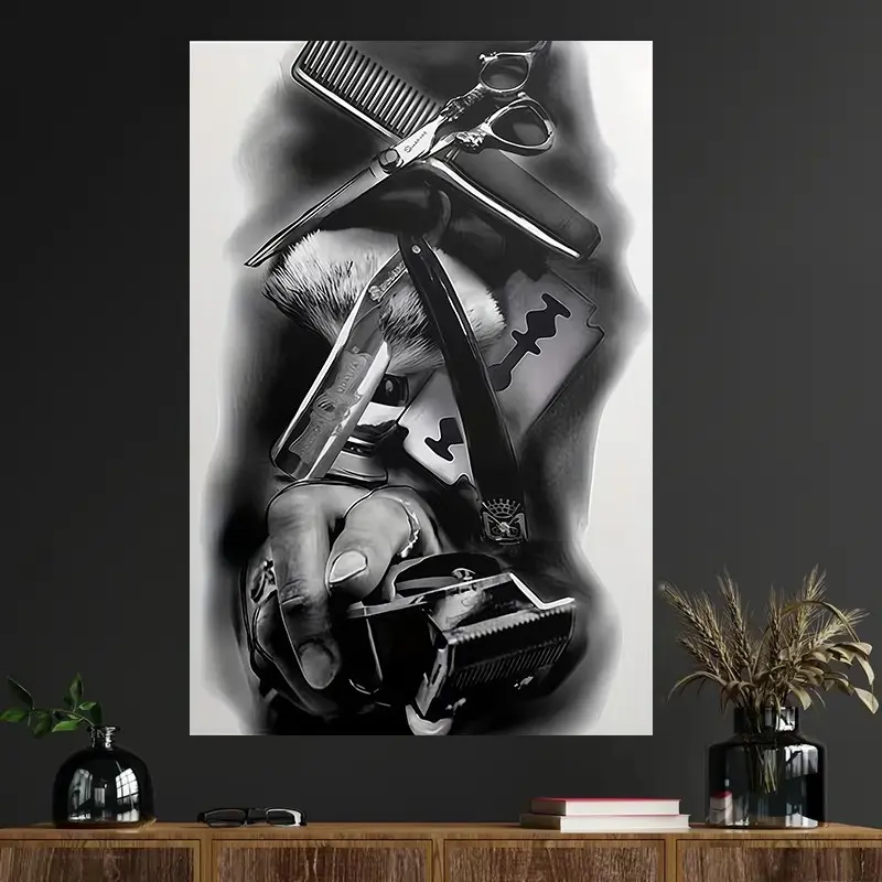 1 Piece Barber Tool Canvas Art Print Photo Vintage Prints, Vintage Design Barber Shop Wall Decoration, with Scissors, Comb, and Razor Design, Black and White Texture, Suitable for Barbers, Beauty Salons, Home Office Decoration