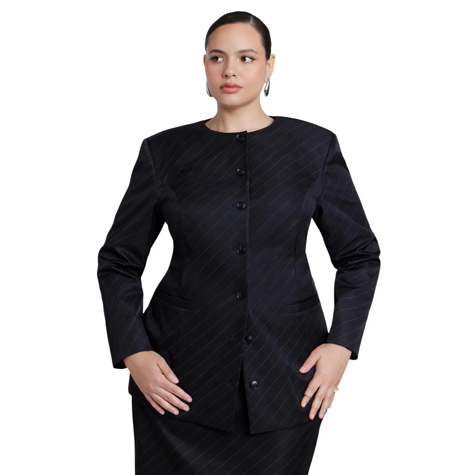 ELOQUII Women's Plus Size Collarless Strong Shoulder Blazer