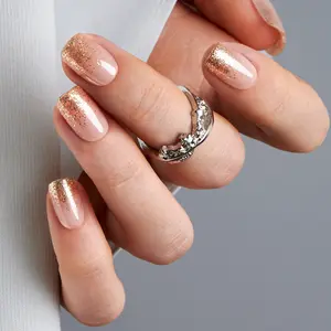 Gilded Gradual Shine Press On Nails | CurvLife Nail | 24pcs Medium Round Fake Nails | Glossy Finish with Gold Glitter Gradient & Nude Base | Easy to Apply, Comfortable & Long-Lasting | Great for Coffee Dates, Shopping, Brunches & Semi-formal Outings