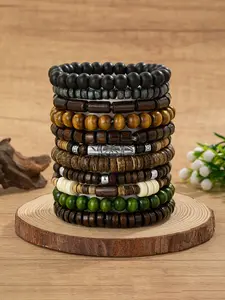Vintage Natural Wood Bead Bracelet Set, Multi-Piece Ethnic Beaded Bracelets, Stackable Bracelets, Bohemian Forest Style Jewelry, Handmade Craftsmanship, Ethnic Inspired Bracelet