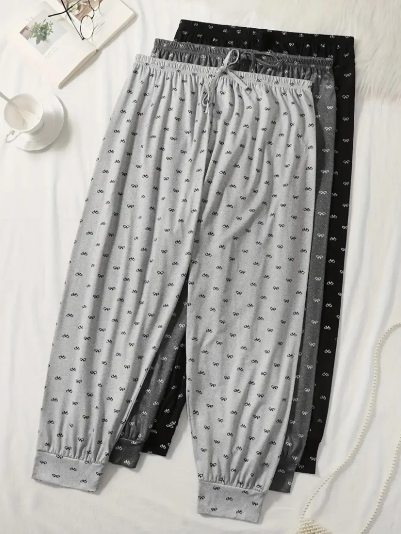 Women's Plus Size Bow Print Sleep Pants Set, Comfortable Skin-Friendly Home Sleeping Wear, Lightweight Sleepwear, 3-Piece Long Lounge Bottoms Loungewear Pajama Nightwear, Pyjamas, Ladies Loungewear