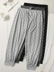 Women's Plus Size Bow Print Sleep Pants Set, Comfortable Skin-Friendly Home Sleeping Wear, 3-Piece Long Lounge Bottoms Loungewear Pajama Nightwear