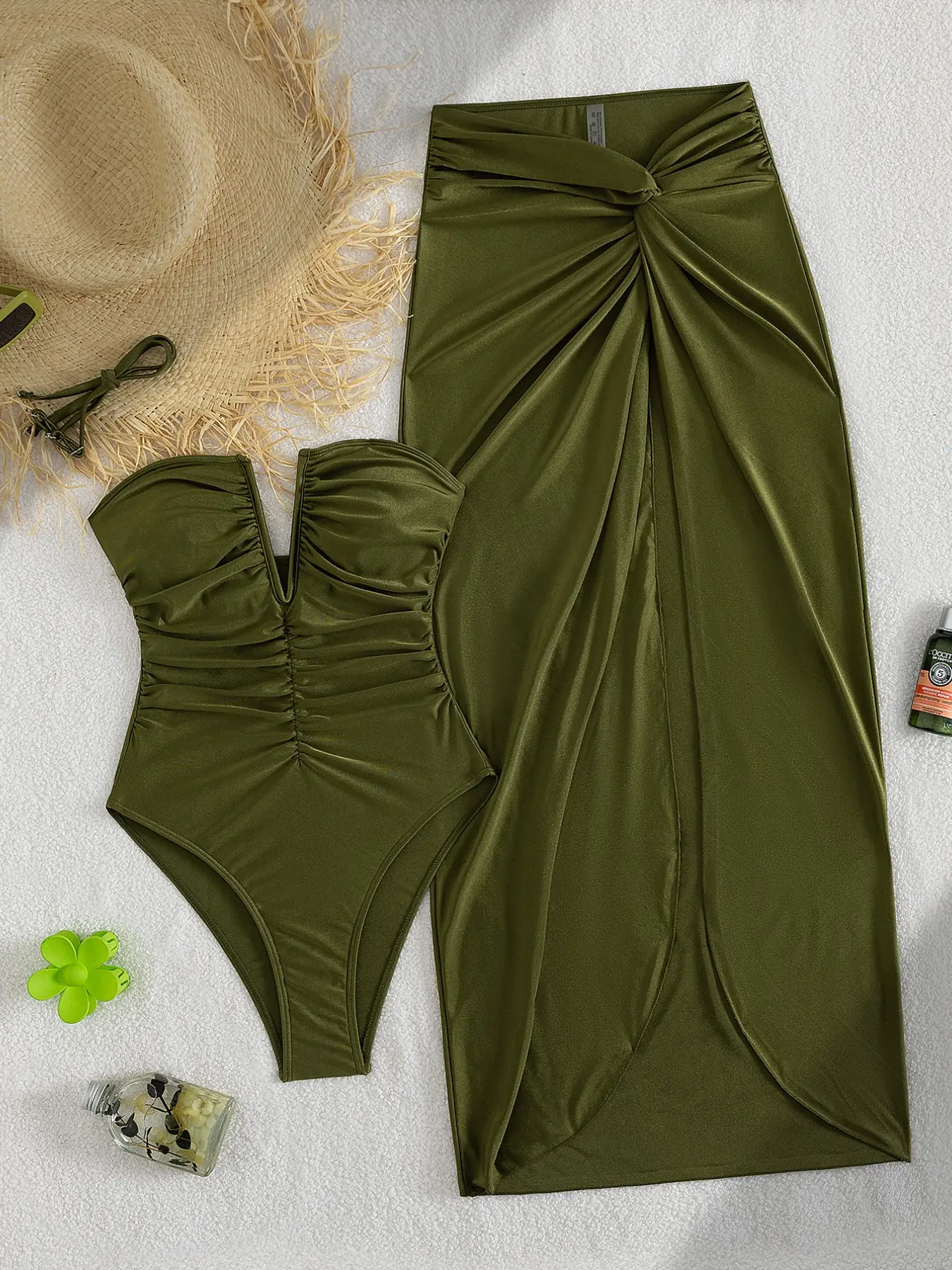 New Fashion Pearl Two-Piece Skirt Style Swimsuit, Detachable Straps, V-Neck Design, Belly Shirring, Asymmetrical Skirt, High-Quality Fabric, Skirted Swimsuit, Summer Beach Swimdress, Beach Swimwear Clothes, Swimsuits Skirts