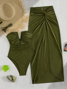 New Fashion Pearl Two-Piece Swimsuit, Detachable Straps, V-Neck Design, Belly Shirring, Asymmetrical Skirt, High-Quality Fabric