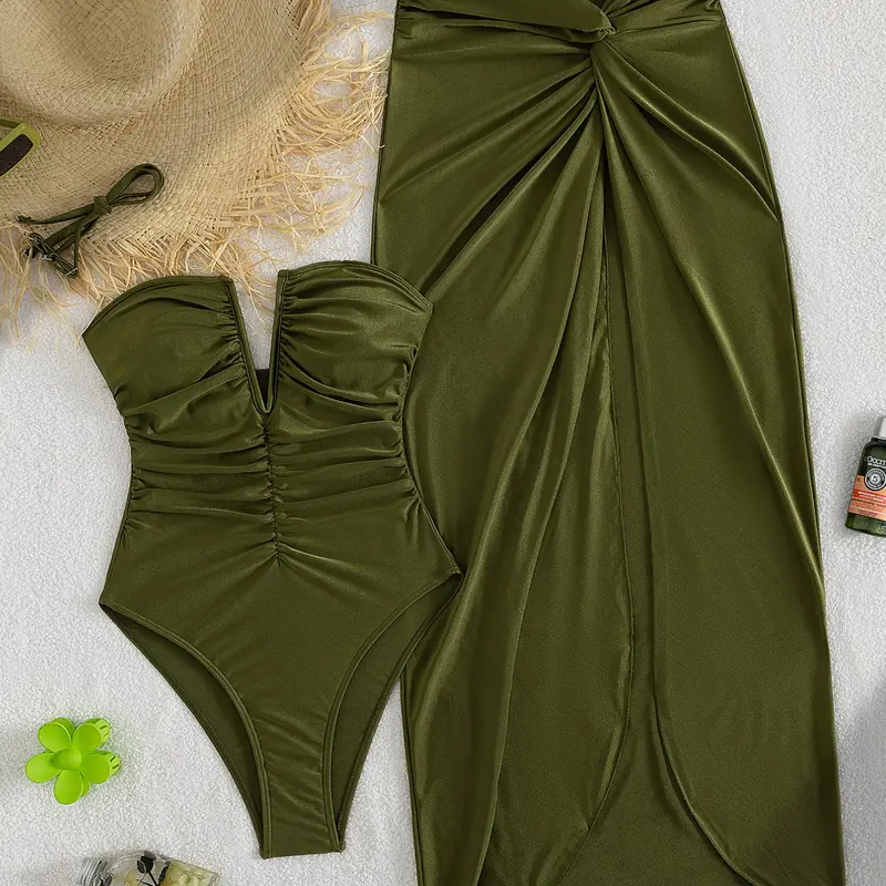 New Fashion Pearl Two-Piece Skirt Style Swimsuit, Detachable Straps, V-Neck Design, Belly Shirring, Asymmetrical Skirt, High-Quality Fabric, Skirted Swimsuit, Summer Beach Swimdress, Beach Swimwear Clothes, Swimsuits Skirts