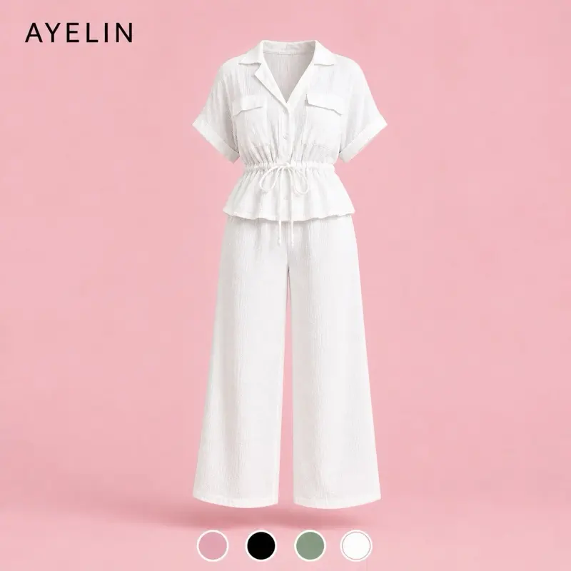 Luxe Soft Cotton Gauze 2-Piece Set Lounge Set Women Sleeve Shirt & Wide Leg Breathable Summer Outfit 2026