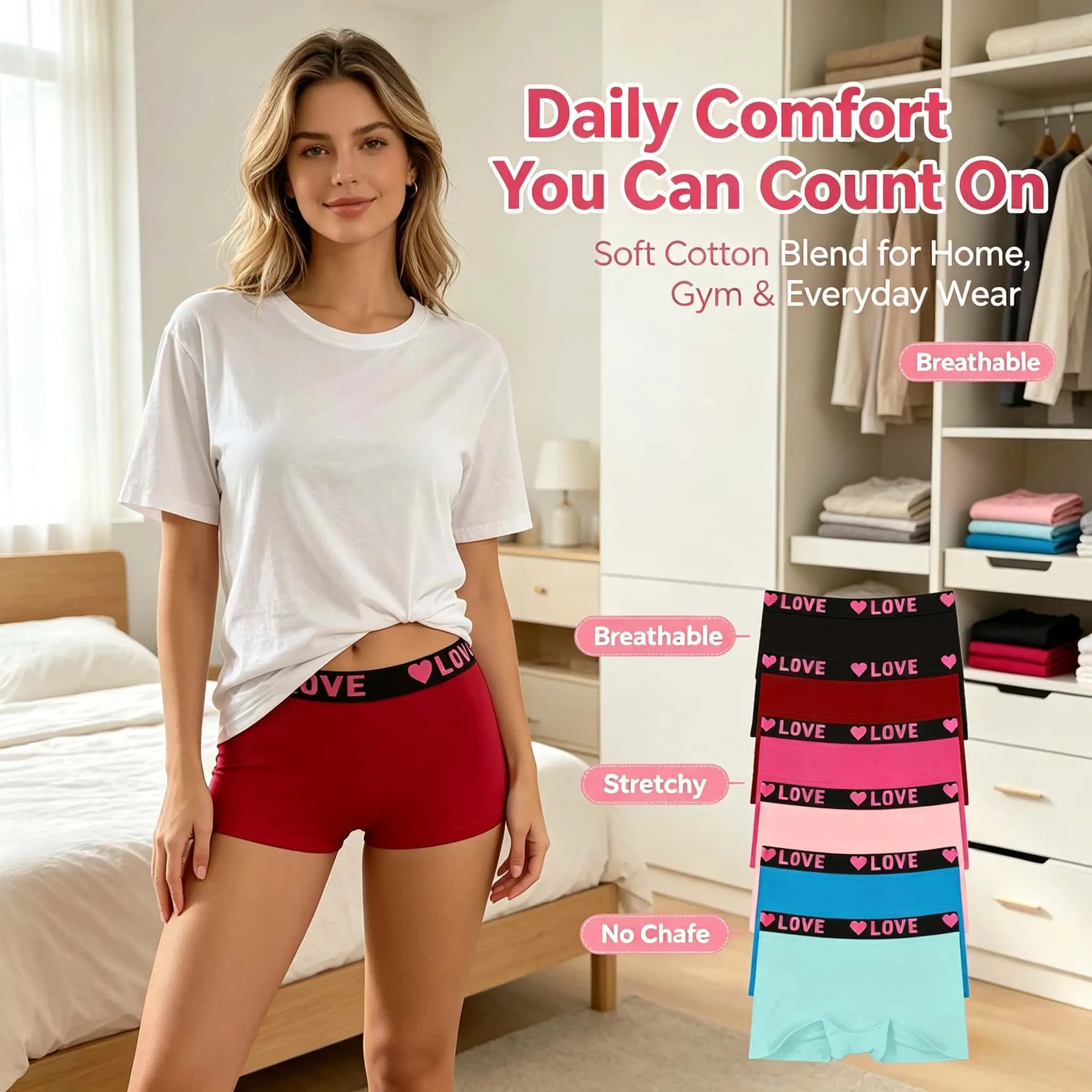 10-pack women’s boxer briefs with “LOVE” lettering, wide waistband, high elasticity, breathable fabric, assorted colors, anti-exposure design