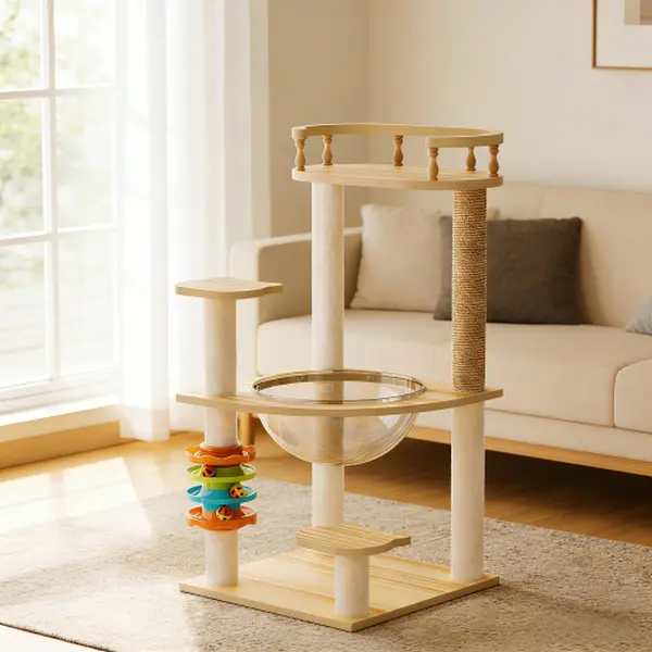 Aesthetic wood cat tower with clear acrylic hammock and sisal scratching posts modern cat tree for indoor cats and small apartment living room finds