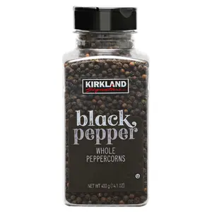 Kirkland Signature Whole Black Peppercorns 14.1 oz Fresh Aromatic for Grinders Cooking Non-GMO Gluten-Free Kosher Bulk Container - Spice