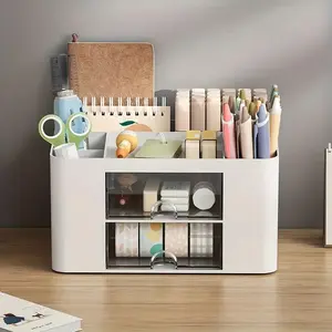 Multifunctional Plastic Desktop Organizer Rack with 2 Drawers, 5 Compartments, Portable Storage Basket for Office School Home Gifts, Desk Accessories