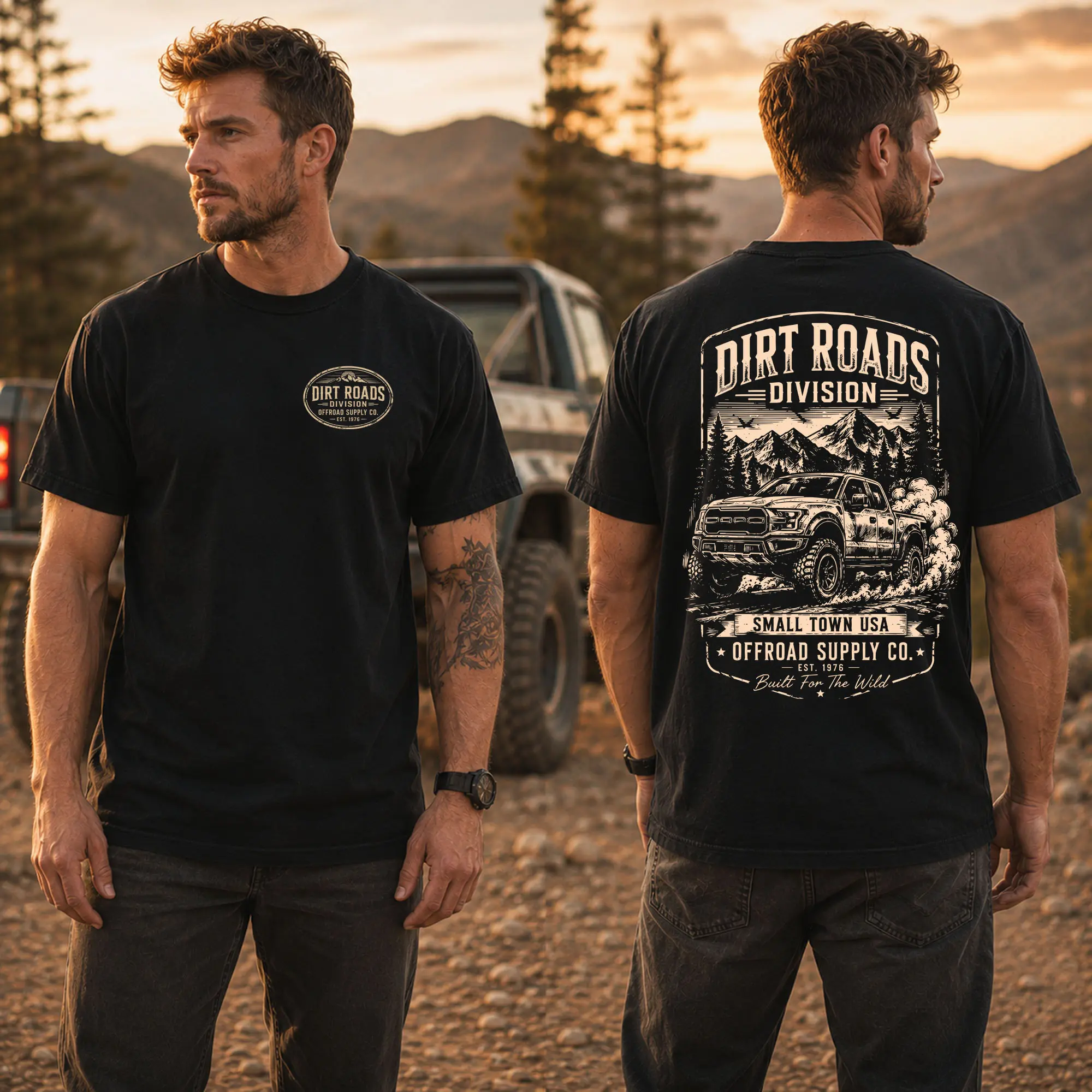 Men's Short-Sleeve Graphic T-Shirt - Dirt Roads Division Vintage Outdoor Graphic T-Shirt | Mountain Adventure Premium Cotton Unisex Tee