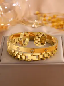 4-piece luxury stainless steel bracelet and ring set, women's gold-plated rhinestone decorative bracelet and ring combination, classic wrist accessory, perfect combination, Fashionable Jewelry Set