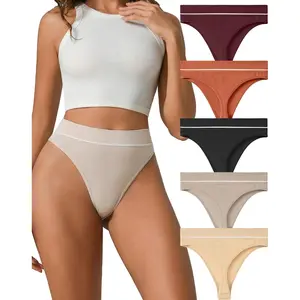 High Waisted Seamless Thongs for Women Nylon Cotton Blend Sexy Invisible Panties Underwear 5 Pack