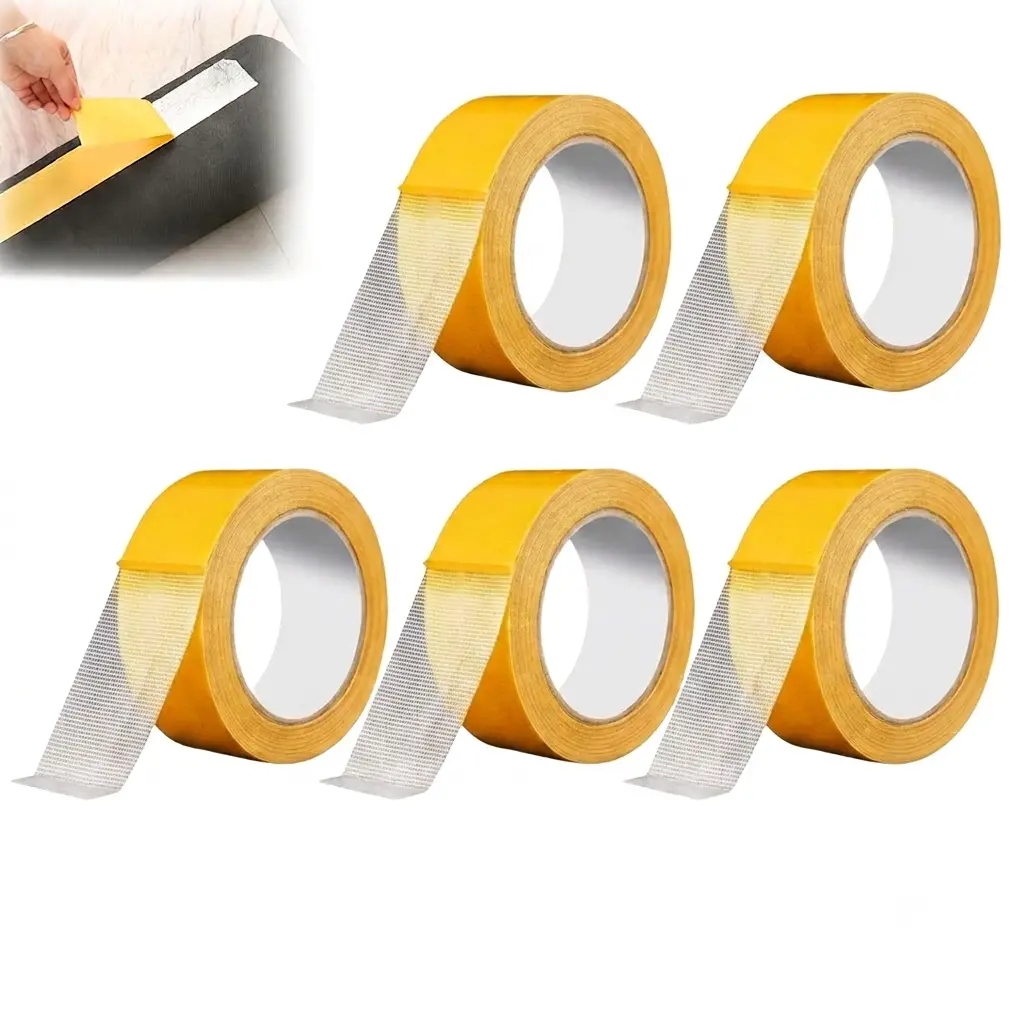 5-roll/10-roll double-sided mesh tape, heavy-duty yellow mesh fabric reinforced tape, residue-free strong adhesive installation tape, suitable for fixing carpets, blankets, posters, DIY crafts and home flooring.