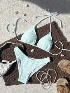 EVO x Swim Mod 2026 Spring/Summer Women's Spaghetti Strap Halter Unique Fabric Blue Sexy Vacation Side High Cut Bikini Swimwear 2-Piece Set Triangl Bikini Textured Bikini Bikini Set Summer Butter Yellow Bikini Lemon Bathing Suit Lemon Bikini Yellow Bikini