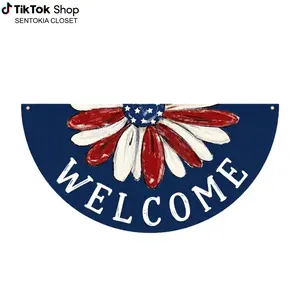 Semi-Circular Banner, Welcome Patriotic Daisy Half Circle Vinyl Bunting Flag, Americana Floral Porch Fence Outdoor Decor, Red White Blue Summer Home Decoration, We provide 2 grommet holes for this product.