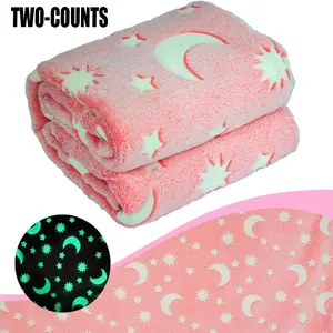Star & Moon Pattern Glow in The Dark Blanket, 2 Counts Soft Comfortable Warm Napping Throw Blanket, Cool Bedroom Bedding Blankets Nursery Warm Blankets for Home Office Travel