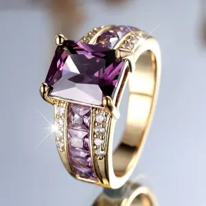 Luxury Rectangular Cut Purple Zirconia Women's Ring, Gold Plated Women's Ring, For Valentine's Day, Daily Wear, Shiny Accessories, Mom, Mother, Mother's Day