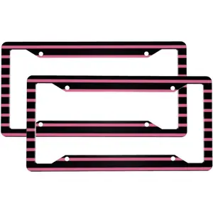 2 Pcs Car License Plate Frames for Women Men - Automotive Aluminum Solid Pink Black Stripe Print License Plate Cover for Personalized Car Plate Accessories for Women Men with Fasteners and Screws