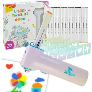 Air Brush Marker Set for Kids Includes 12 Washable Markers 20 Stencils Gift for Ages 5 6 7 8 9 Years Old (Air Brush Market Set)