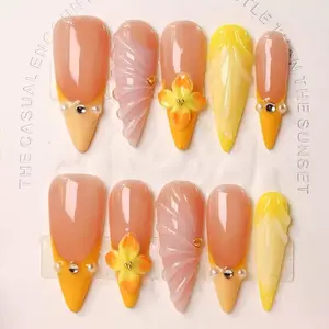 100% 5D Handmade Press on Nails with Charms Long Stiletto Nails Press ons- Water Ripple False Nails Ombre Orange Yellow Press on Nails Summer Fake Nails for Women Girls Daily Wear DIY Manicure Size