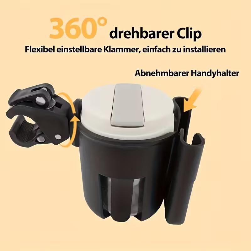 2-in-1 Universal Cup Holder | Suitable for bicycles, cars, motorcycles, walkers, and wheelchairs; 360° multi-functional cup holder for smartphones