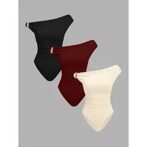 Women's autumn and winter three piece set, fashionable, elastic and comfortable knitted single shoulder design, interior or jacket, slim fit jumpsuit setRAIMENTRY