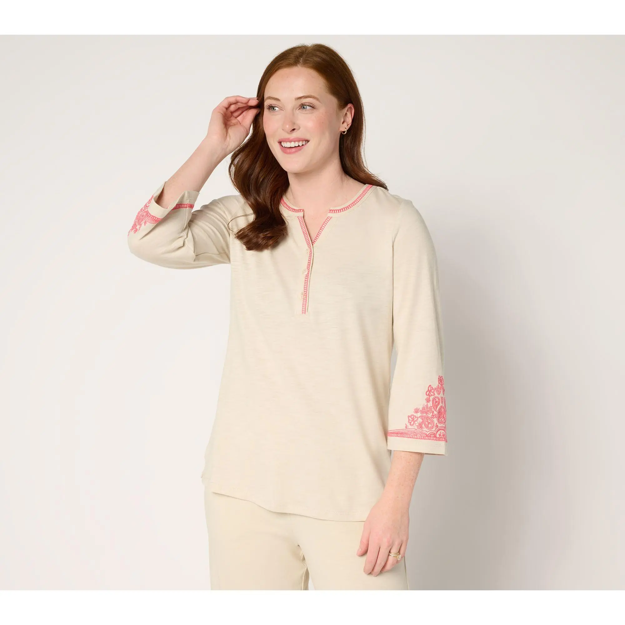 Belle by Kim Gravel Slub Knit Embroidered Sleeve Henley Belle by Kim Gravel Slub Knit Embroidered Sleeve Henley
