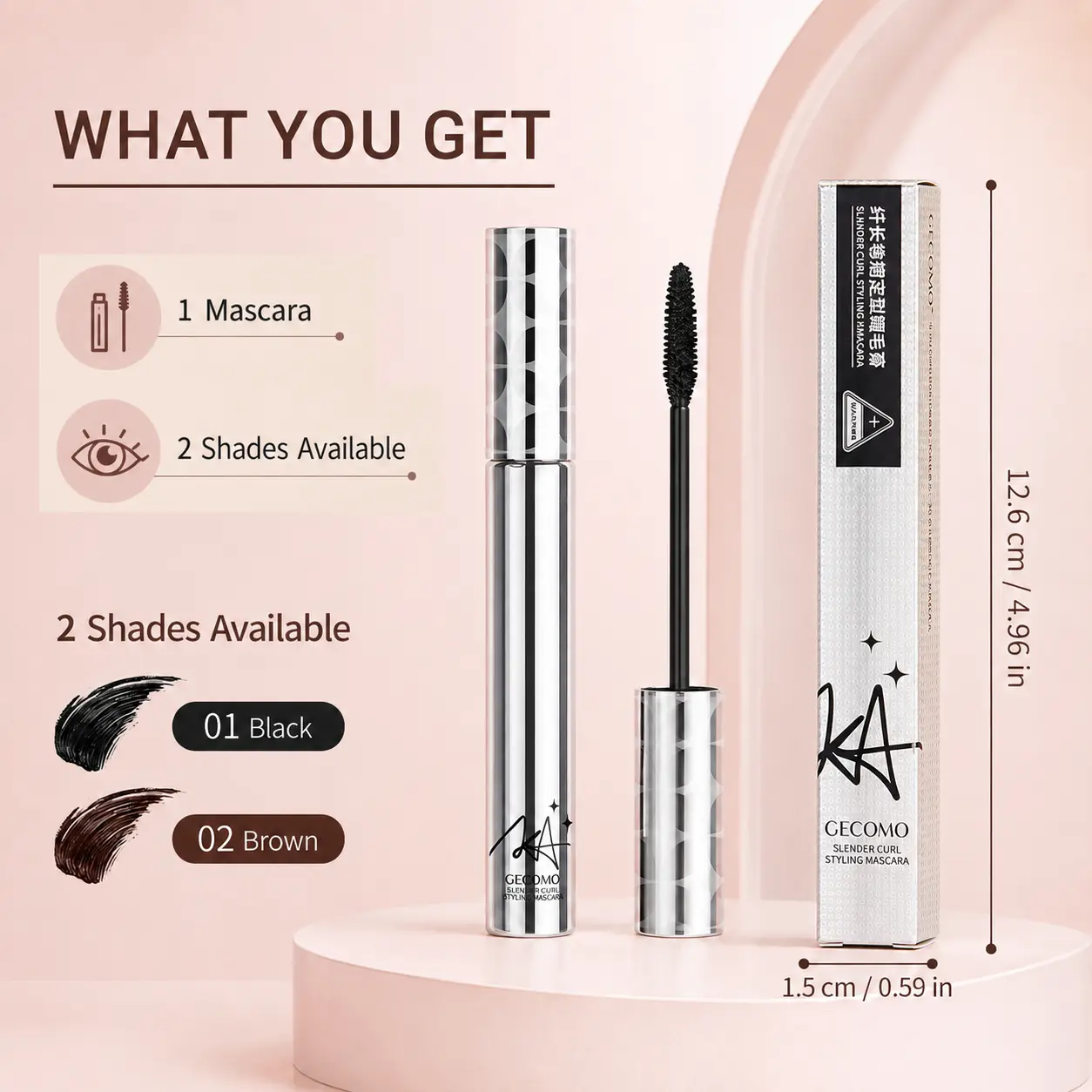 Natural Curl Mascara, Lengthening Volumizing Waterproof Eye Makeup, Slim Precision Brush for Defined Lashes, Quick-Dry Smudge-Resistant, 2 Shades, Black & Brown