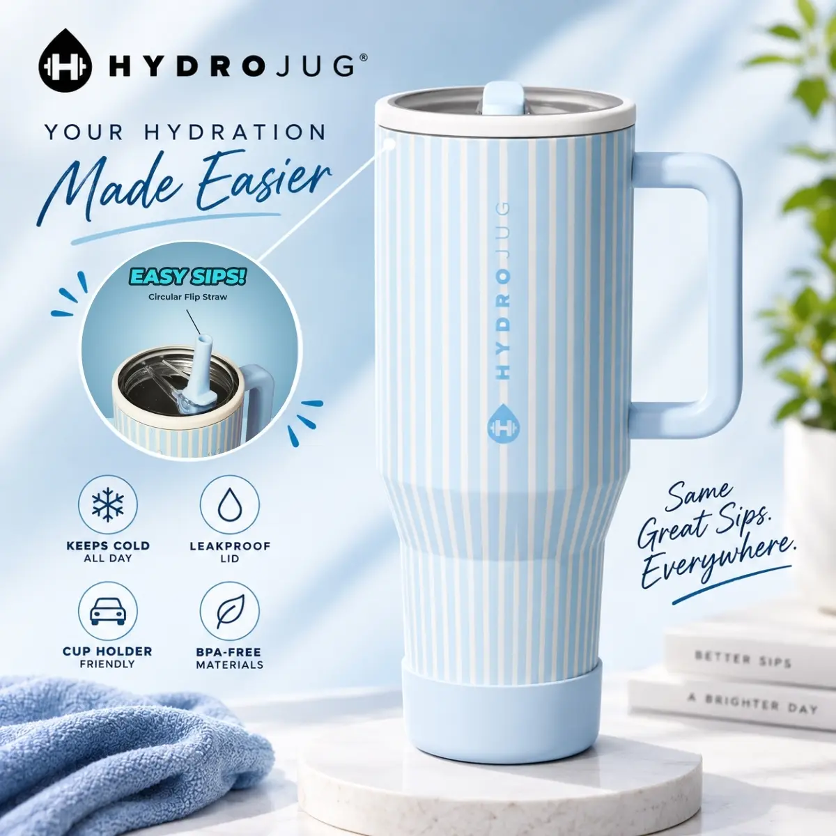 HydroJug Traveler 40oz Double Wall Vacuum Insulated Stainless Steel Tumbler with Handle, Flip Straw Leakproof Lid, Reusable Travel Water Bottle, Cup Holder Friendly, Keeps Drinks Cold All Day, Blue Stripe Finish