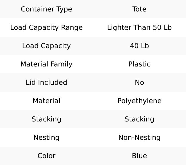 ORBIS 40 Lb Load Capacity Blue Polyethylene Tote Container Stacking, 12" Long x 15" Wide x 5" High NXO1215-5 BLU