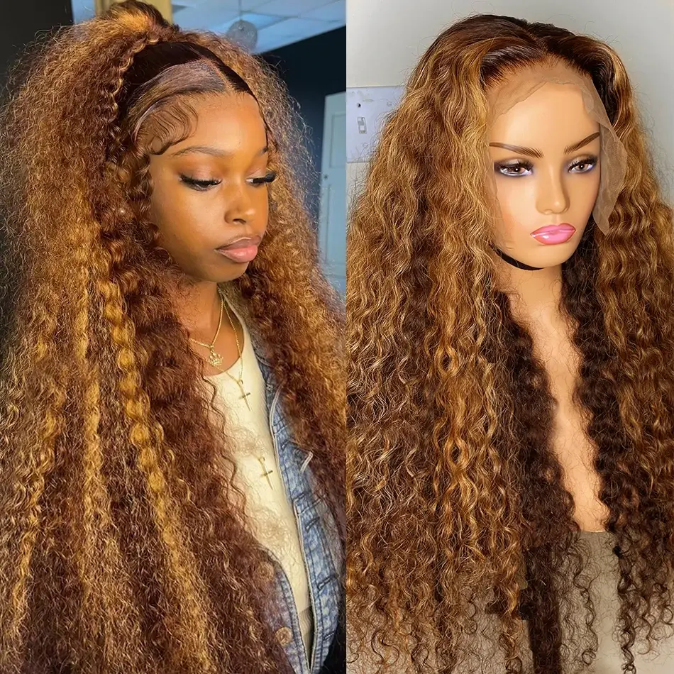 YESWIGS Kinky Curly Highlight Color 13X4 HD Transparent Lace Front Wigs Human Hair 4/27 Ombre Highlight 13X6 HD Lace Frontal Wig Human Hair Wear Go Glueless Wig Pre Plucked with Baby Hair Jerry Curly 4X4 Hd Lace Closure Wigs