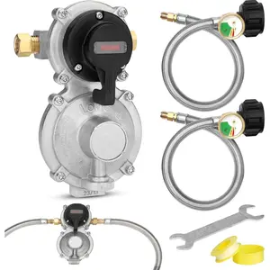RV  Regulator 2 Tank Hoses for RV Trailer, 2 Stage Camper  Regulator Dual Kit with 2 count 18" RV  Hose, Dual  Tank Connection Kit for RVs, , Camper, 210,000 BTU