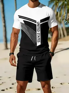 Men's 3D digital printed two-piece set with American letter minimalist sport lines, 2Pcs, Athleisure tracksuit outfit, retro casual two-piece outfit, breathable sports and casual style, an ideal holiday gift for men
