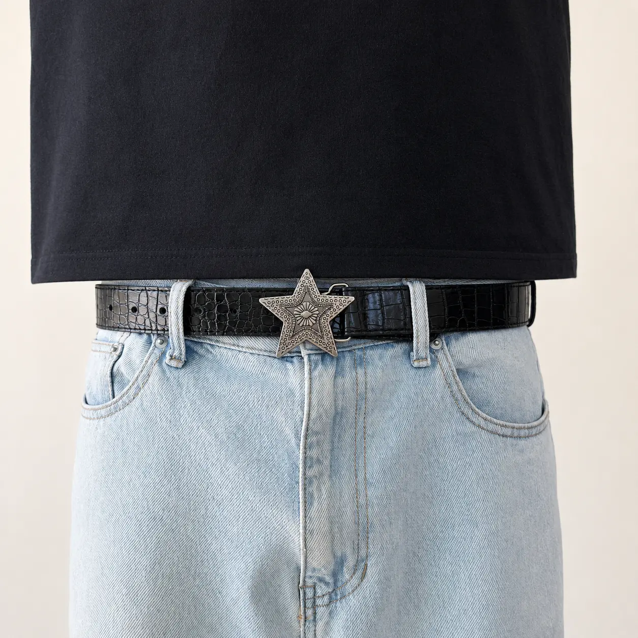 Black Croc Western Belt for Men, Silver Buckle Y2K Belt
